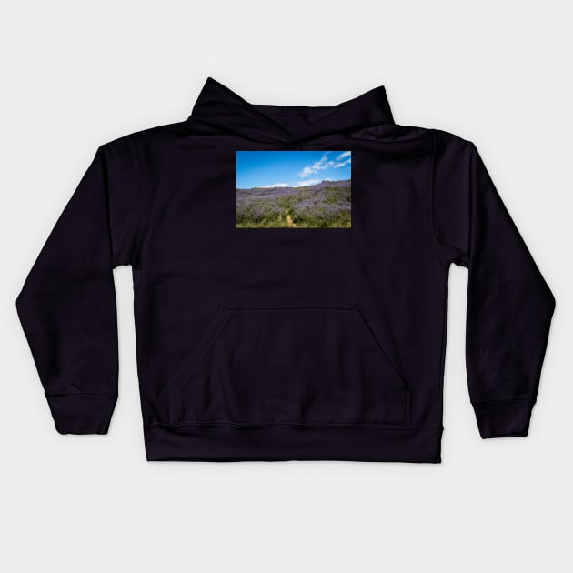 Lupine blooming on the hills Kids Hoodie by blossomcophoto